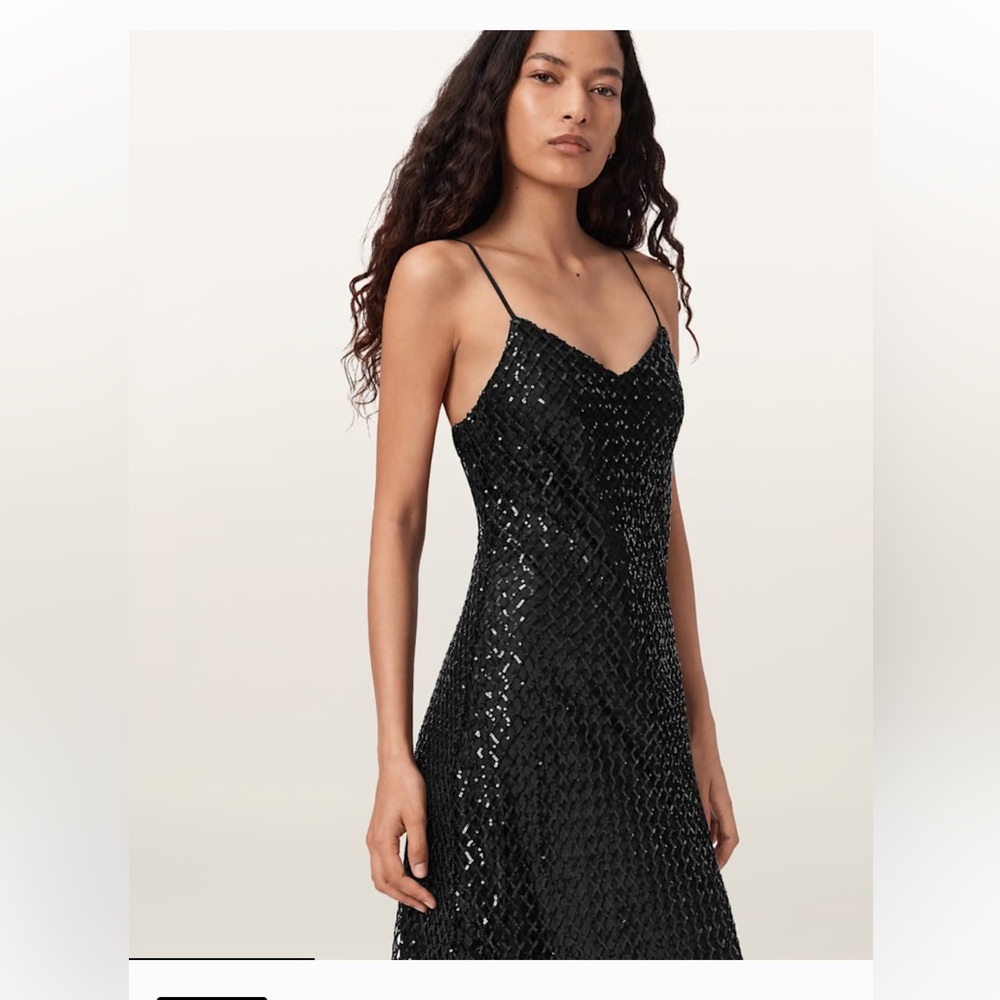 All Saints CHANTELLE SEQUIN MIDI SLIP DRESS size 10 black NWT - Picture 2 of 15